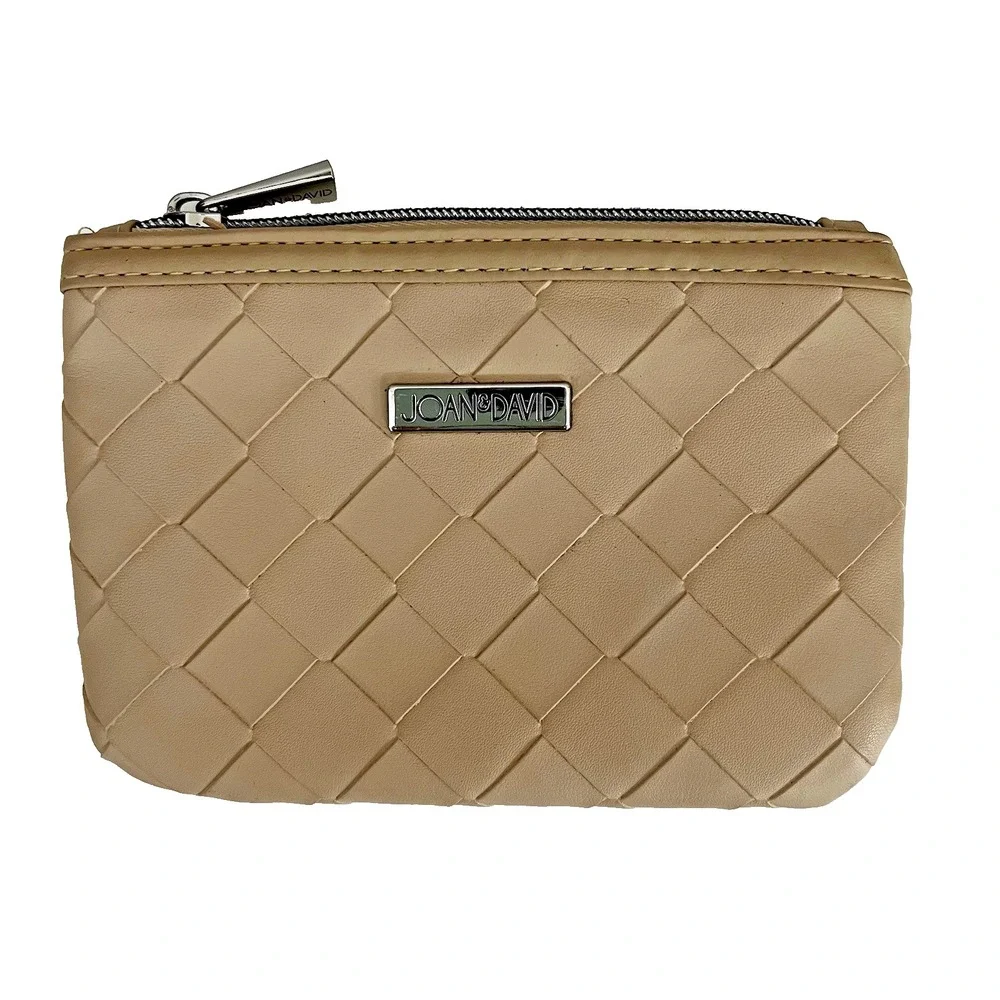 JOAN & DAVID Zippered Pouch Bag Camel Beige‎ Faux Leather Hot Pink Lining 6x8